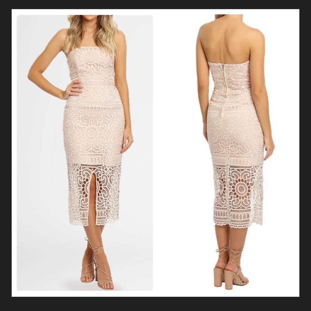 NICHOLAS Blush Geo Floral Lace Strapless Dress